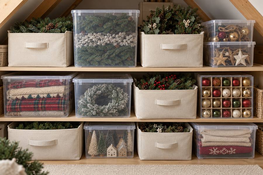 Cajas transparentes y cestas organizadoras con adornos de Navidad clasificados en estantes