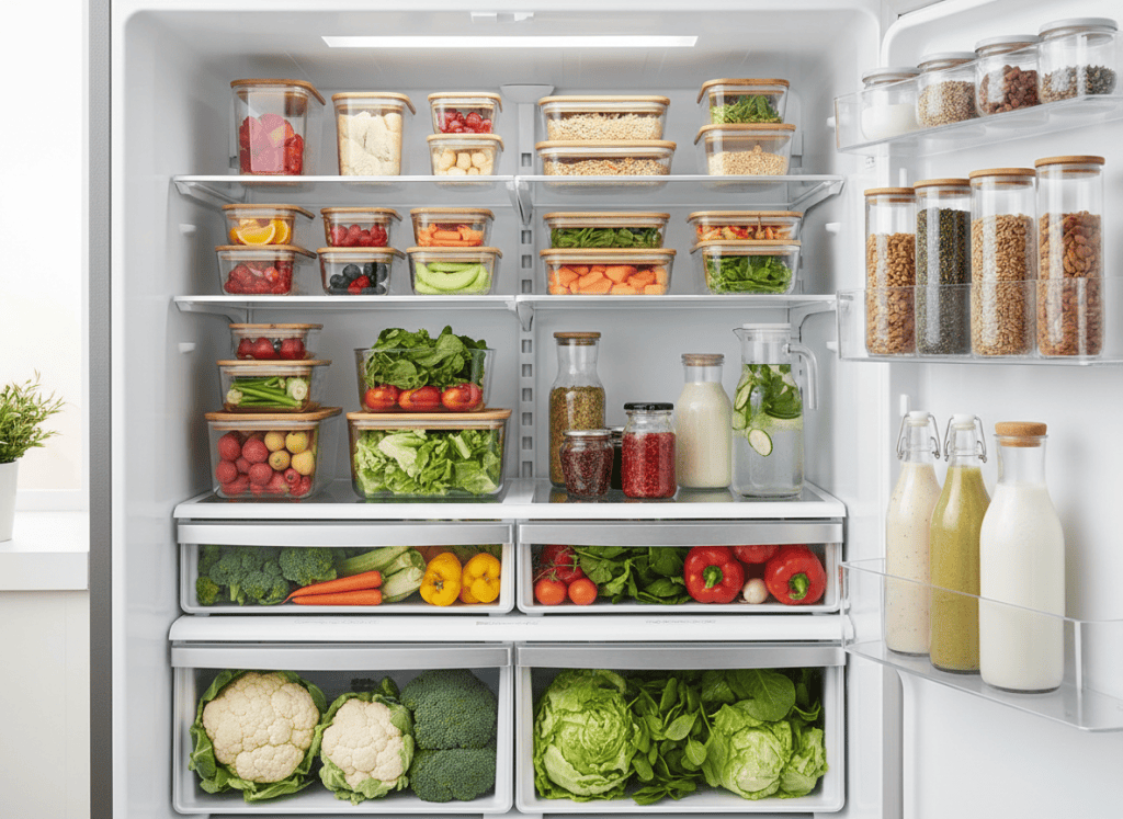 Interior de frigorífico organizado con alimentos frescos