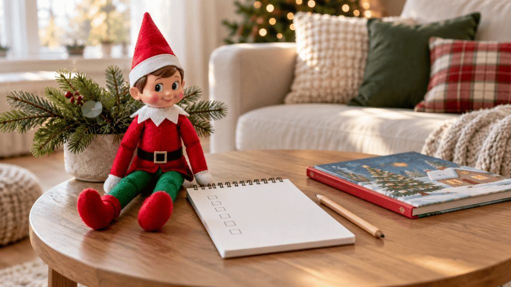Muñeco de elfo navideño junto a un cuaderno con casillas vacías, un lápiz y un libro sobre una mesa del salón