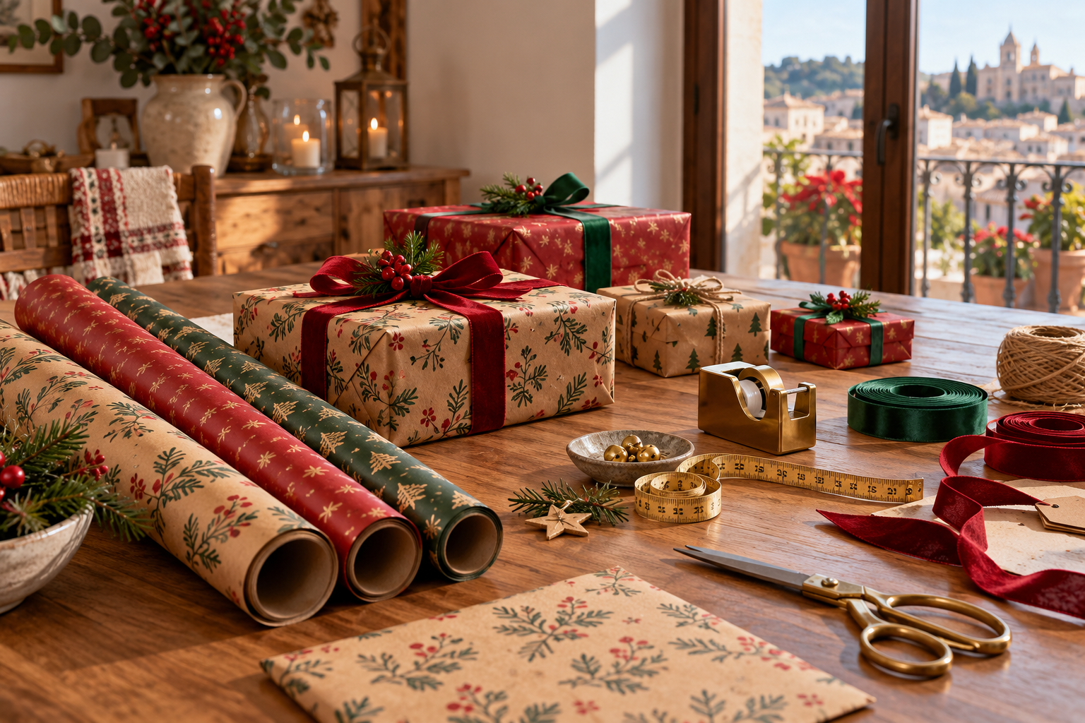 Rollos de papel de regalo navideño junto a paquetes, cintas y herramientas para envolver