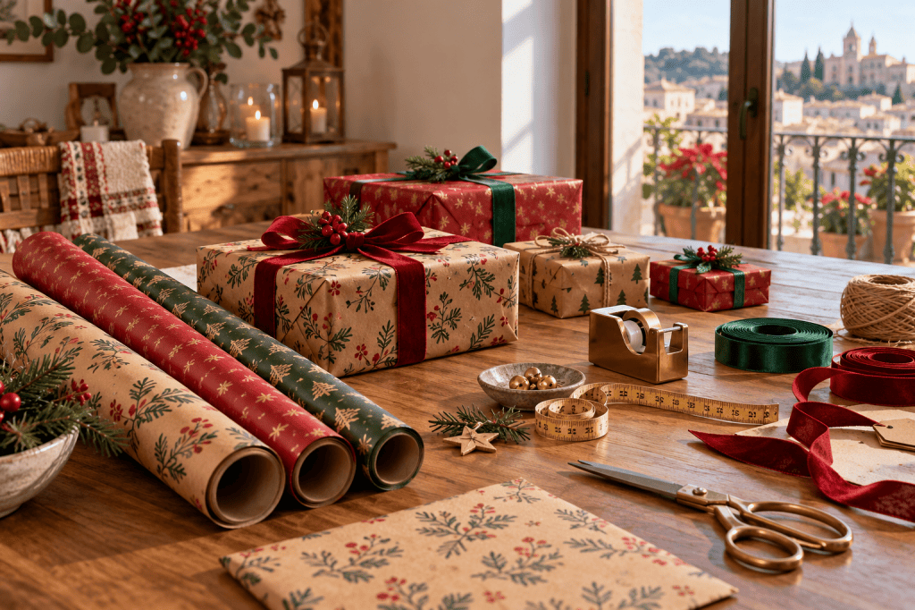 Rollos de papel de regalo navideño junto a paquetes, cintas y herramientas para envolver