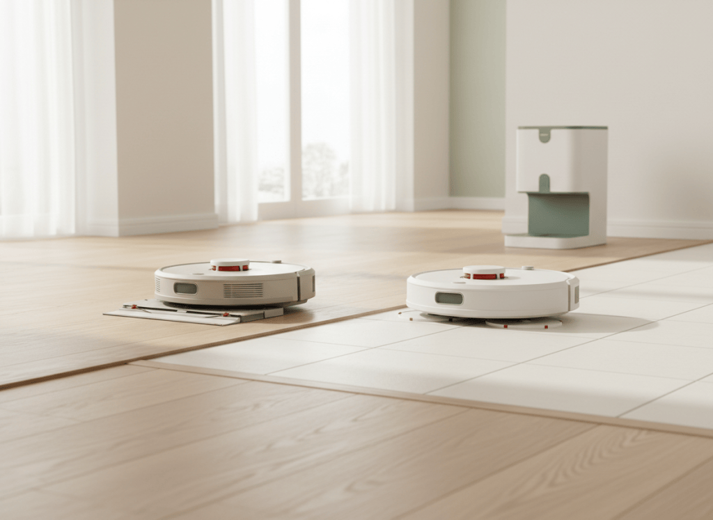 Comparación visual de dos robots aspiradores: uno con mopa plana y otro con dos mopas giratorias y base de autovaciado.