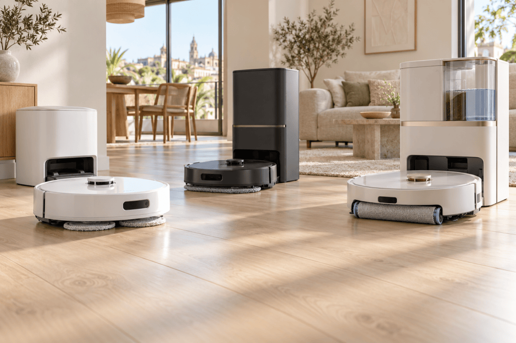Robots Philips HomeRun con mopa plana, mopas giratorias y rodillo de fregado junto a sus estaciones