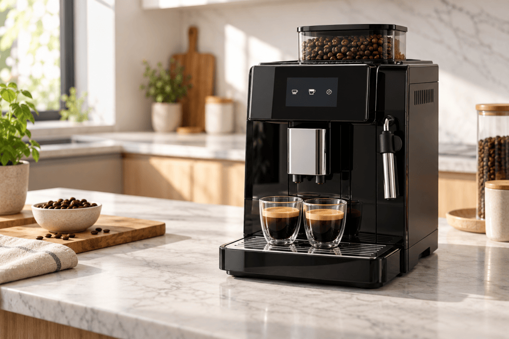 Cafetera superautomática compacta con depósito de granos, controles táctiles y espumador de leche clásico