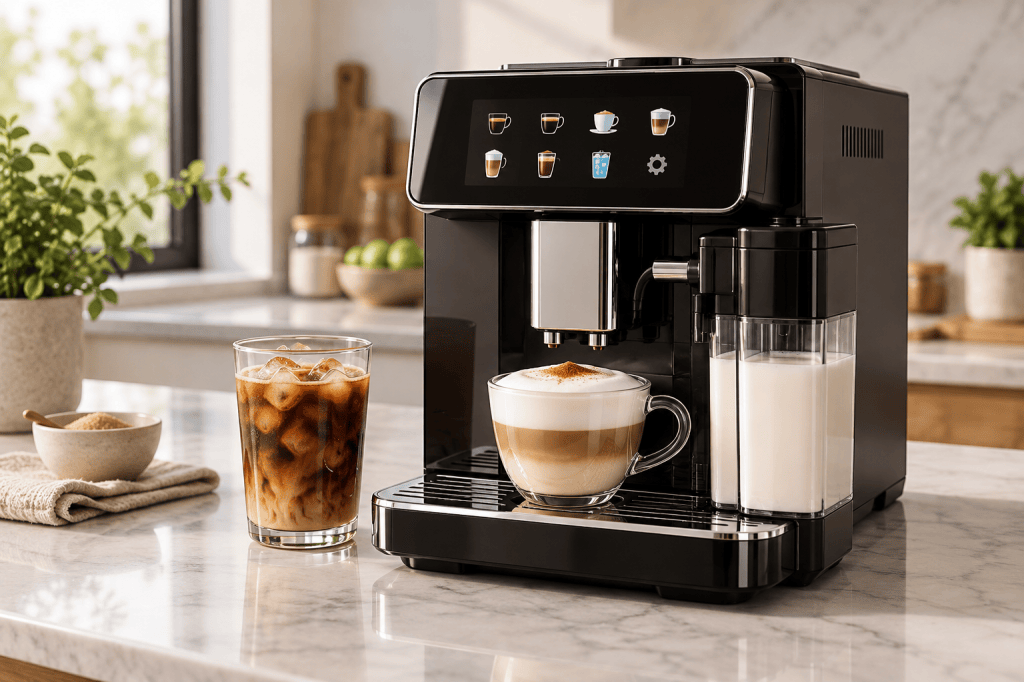 Cafetera superautomática con sistema LatteGo y panel táctil junto a un cappuccino y un café con hielo