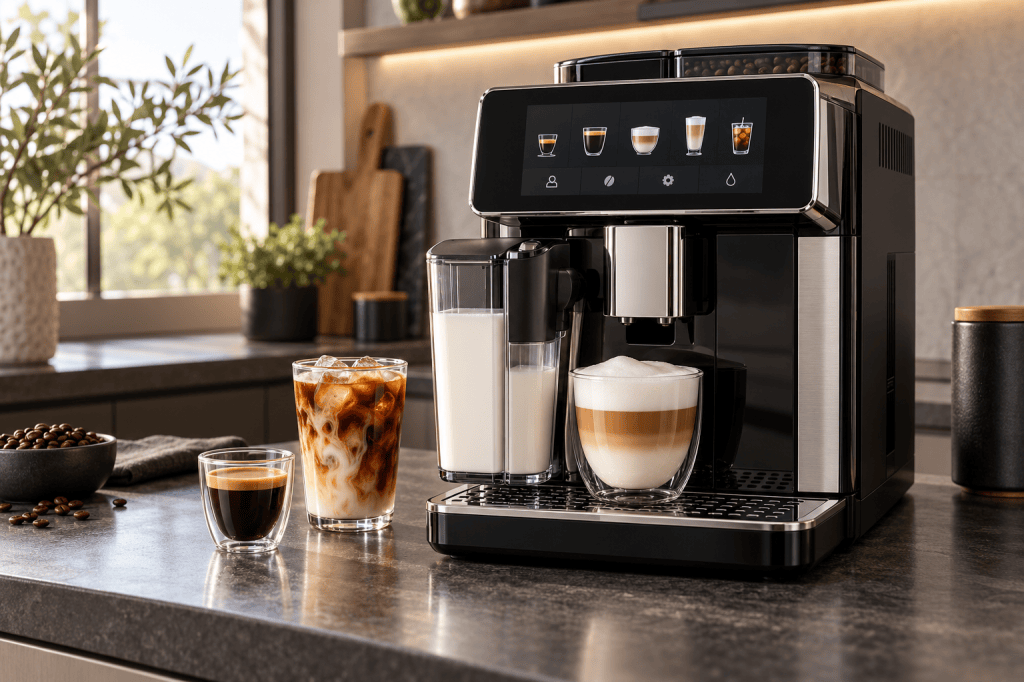 Cafetera superautomática Philips con pantalla a color y jarra LatteGo junto a espresso, cappuccino y café con hielo