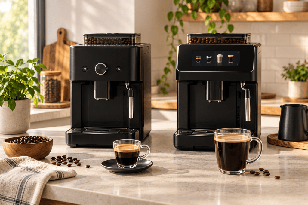 Comparativa visual de dos cafeteras superautomáticas con molinillo y brazo vaporizador
