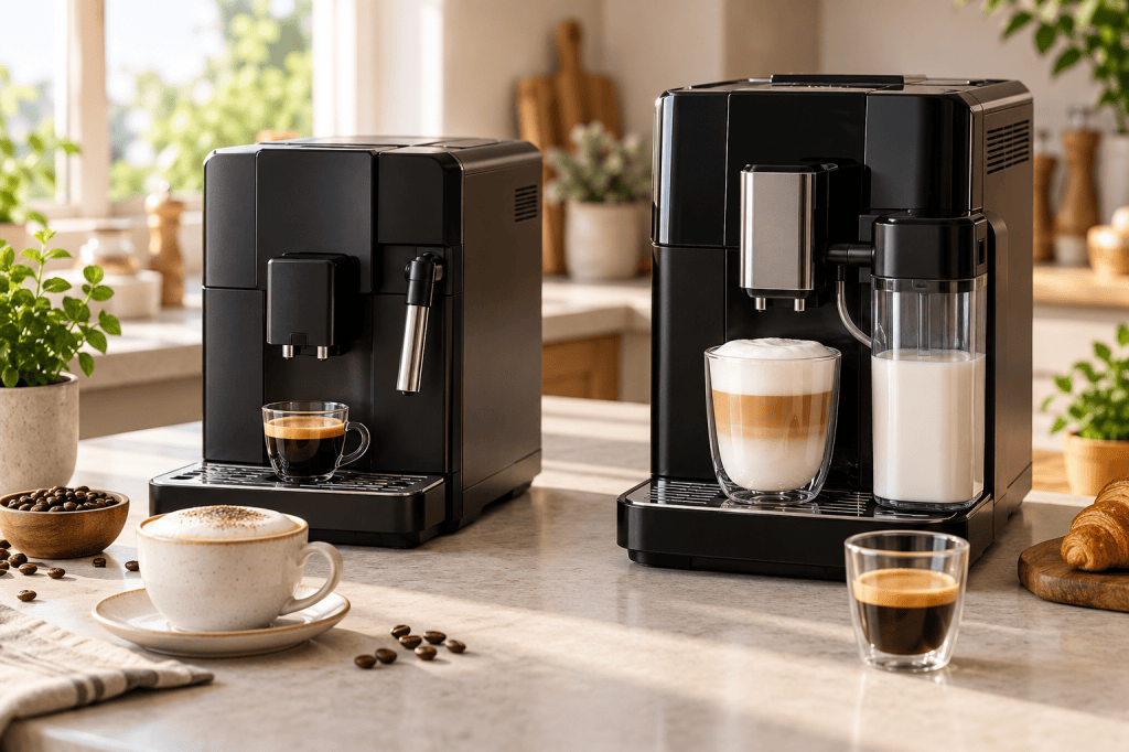 Dos cafeteras superautomáticas domésticas: una con vaporizador manual y otra con jarra de leche integrada