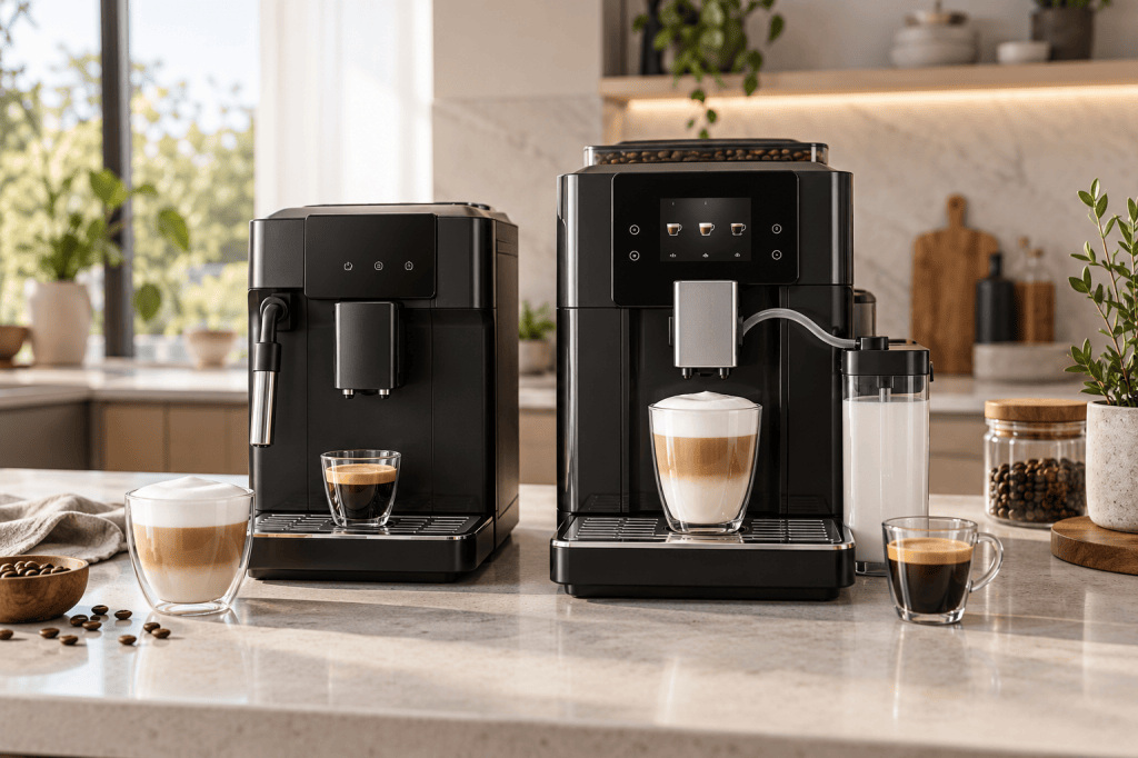 Comparativa visual de una cafetera con vaporizador manual y otra Siemens con pantalla y sistema de leche