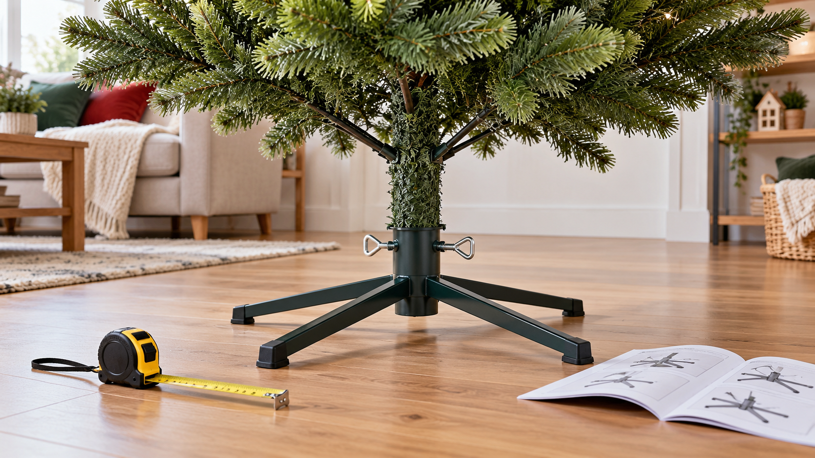 Soporte metálico de cuatro patas que sujeta el tronco de un árbol de Navidad artificial
