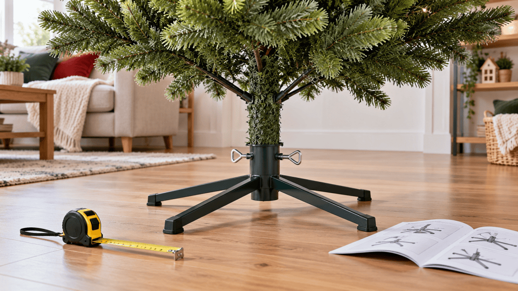 Soporte metálico de cuatro patas que sujeta el tronco de un árbol de Navidad artificial
