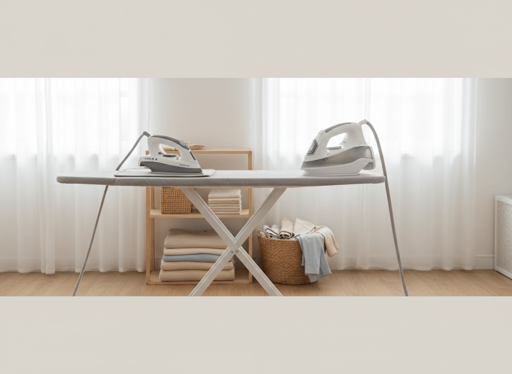 Plancha y centro de planchado sobre una mesa