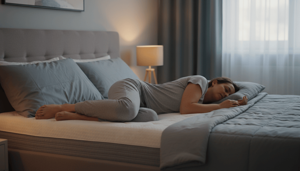 Persona adulta durmiendo de lado sobre un colchón en dormitorio neutro
