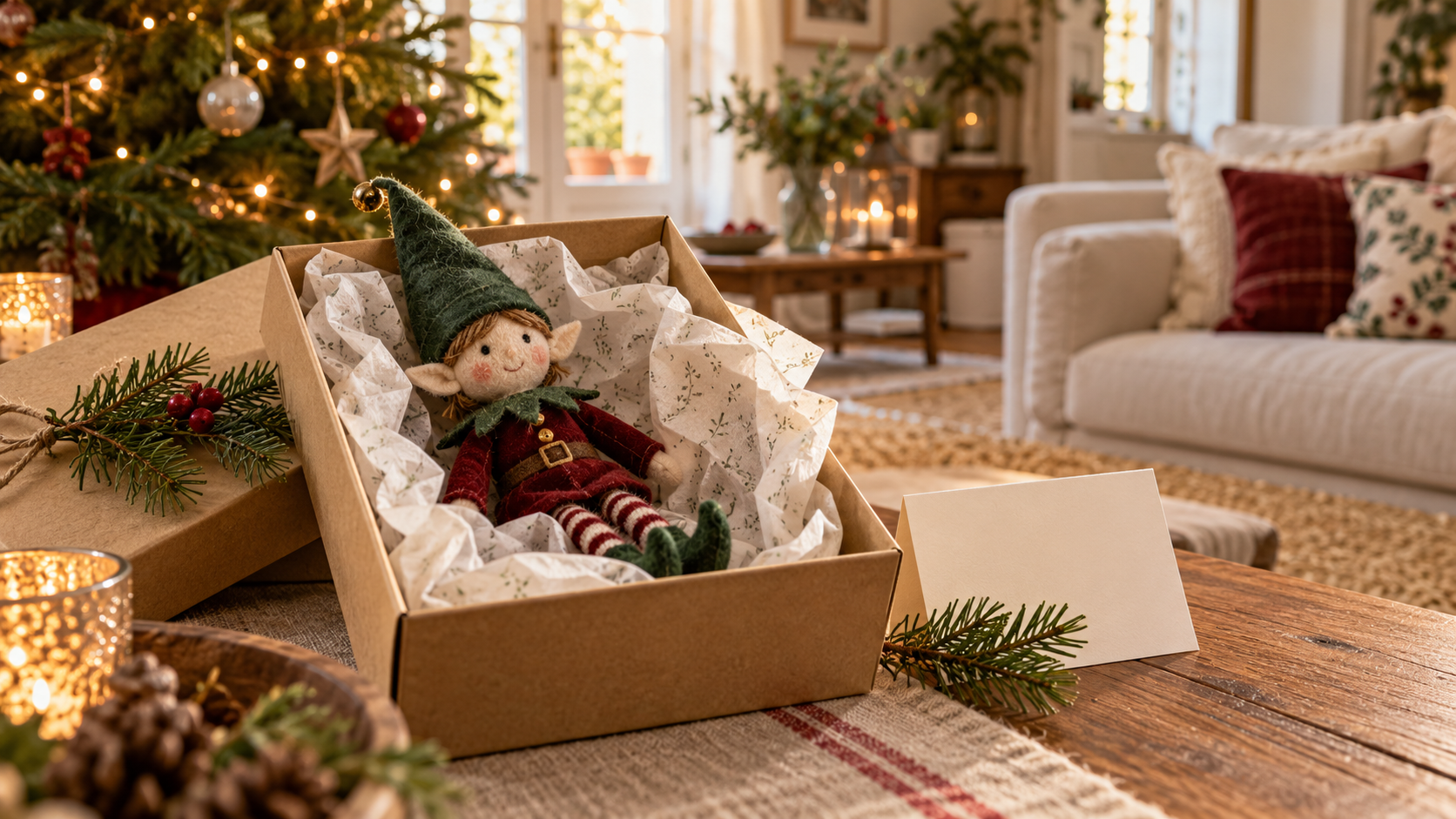 Muñeco de elfo navideño en una caja de bienvenida junto a una tarjeta y una rama de pino