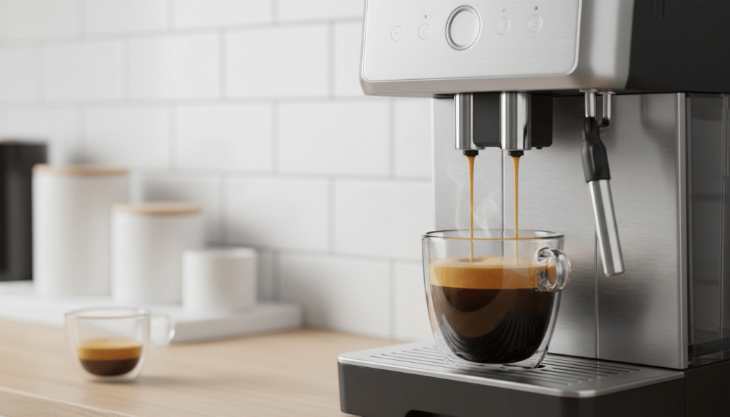Cafetera superautomática extrayendo un espresso en una taza