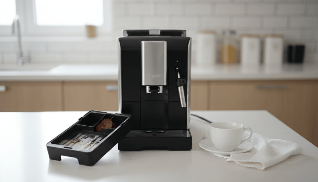 Cafetera superautomática con bandeja y recipiente de posos retirados para revisar