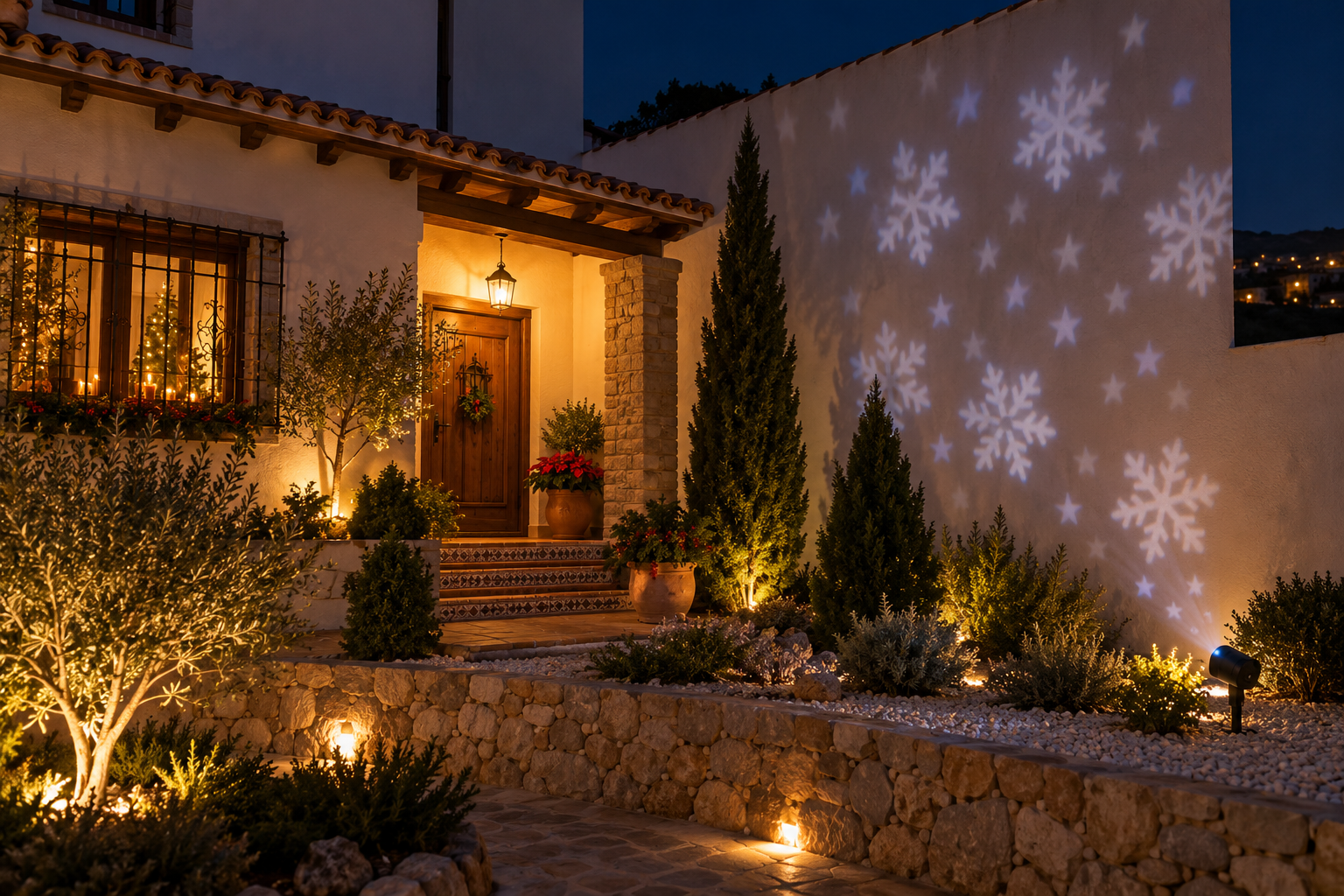Proyector navideño iluminando con copos de nieve una pared exterior junto al jardín