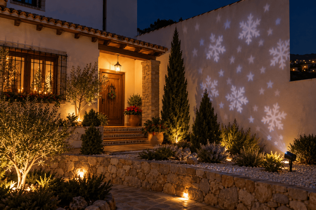 Proyector navideño iluminando con copos de nieve una pared exterior junto al jardín