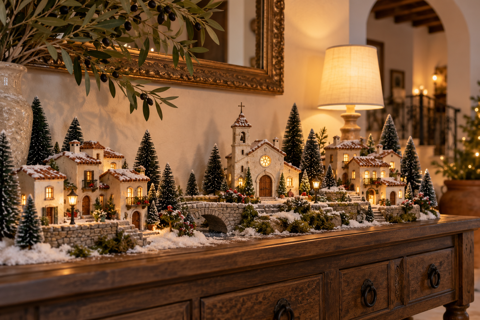 Pueblo navideño en miniatura con casas iluminadas, árboles nevados y una iglesia