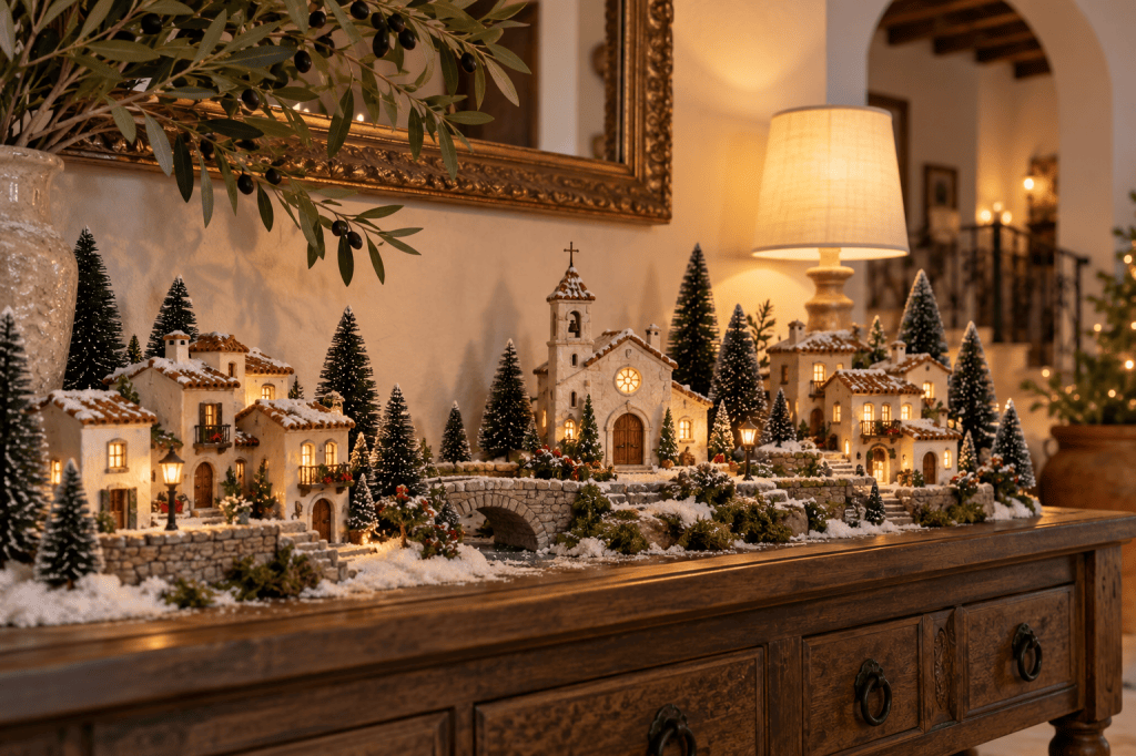 Pueblo navideño en miniatura con casas iluminadas, árboles nevados y una iglesia