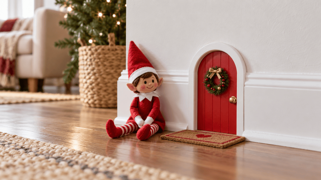 Pequeña puerta roja decorativa junto a un muñeco de elfo navideño al nivel del suelo