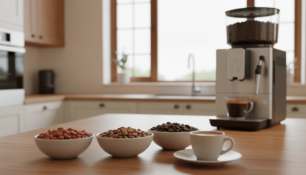 Granos de café y espresso junto a una cafetera superautomática