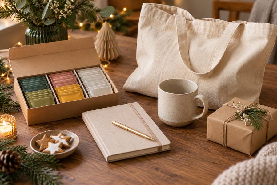 Ideas de regalo neutrales para amigo invisible con té, libreta, bolígrafo, taza y bolsa reutilizable