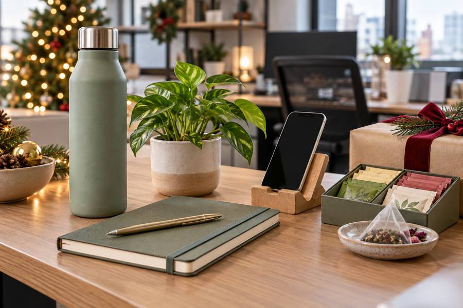 Ideas de amigo invisible para una compañera con botella, libreta, planta, soporte de móvil y té