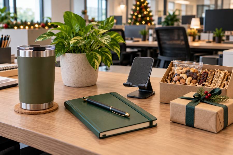 Ideas de amigo invisible para un compañero con taza térmica, libreta, soporte de móvil, planta y snacks