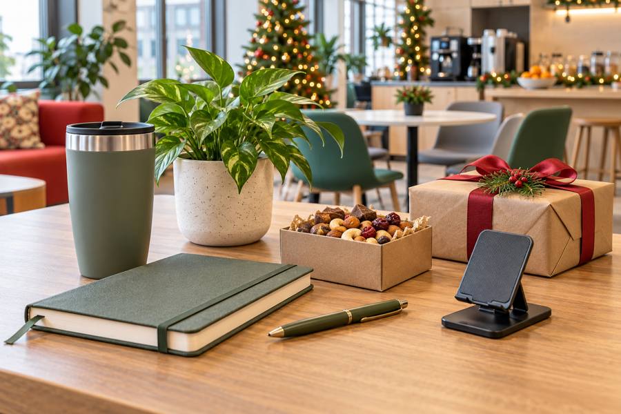 Ideas de amigo invisible para compañeros de trabajo con taza reutilizable, libreta, planta, frutos secos y soporte de móvil