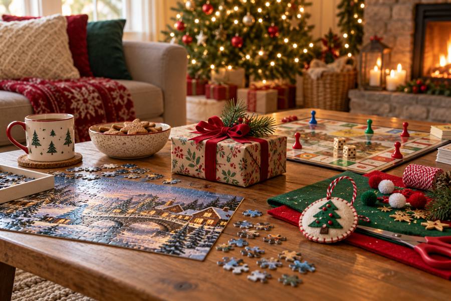 Regalo envuelto, puzzle, juego de mesa y materiales para manualidades sobre una mesa en un salón decorado por Navidad
