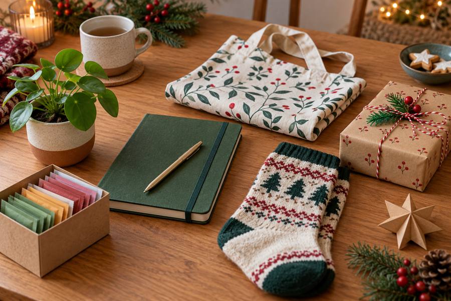 Ideas económicas de amigo invisible con planta pequeña, libreta, té, bolsa reutilizable y calcetines