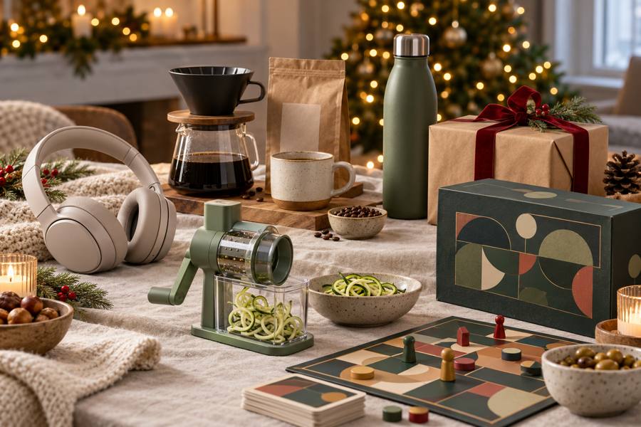 Ideas de regalo de amigo invisible con auriculares, accesorio de cocina, café, botella térmica y juego de mesa