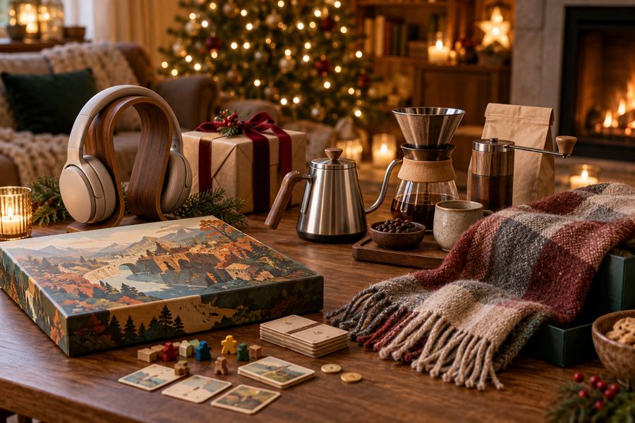 Ideas de amigo invisible con auriculares, accesorios de café, juego de mesa, bufanda y paquete envuelto
