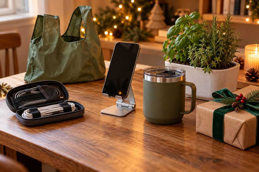 Regalos prácticos para amigo invisible con bolsa reutilizable, soporte de móvil, organizador de cables, taza térmica y planta aromática
