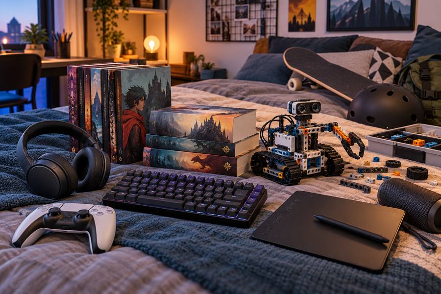 Auriculares, mando y teclado de videojuegos, libros de fantasía, kit de robótica, tableta gráfica y casco de skate