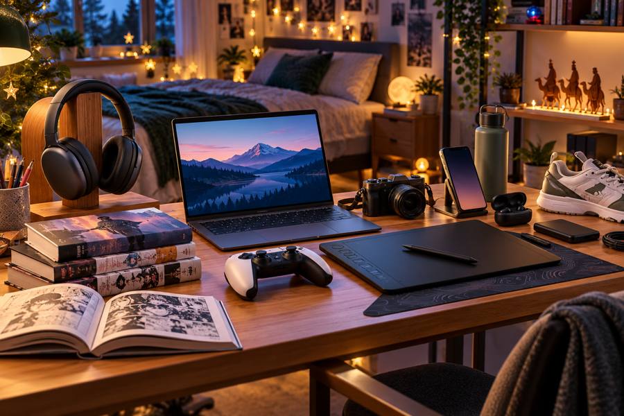 Portátil, móvil, auriculares, mando de videojuegos, libros y manga, tableta de dibujo y cámara sobre un escritorio juvenil