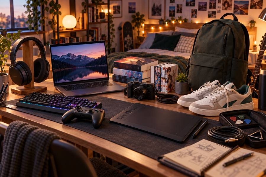 Portátil, auriculares, teclado y mando de videojuegos, libros y manga, cámara, mochila, zapatillas y tableta gráfica