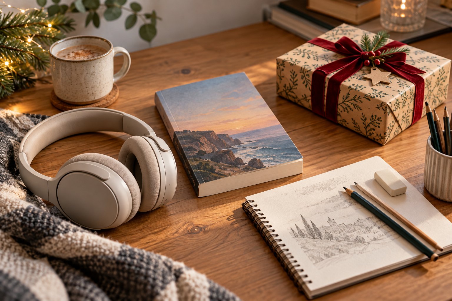 Auriculares, novela, cuaderno de dibujo y regalo envuelto sobre una mesa junto a luces navideñas.