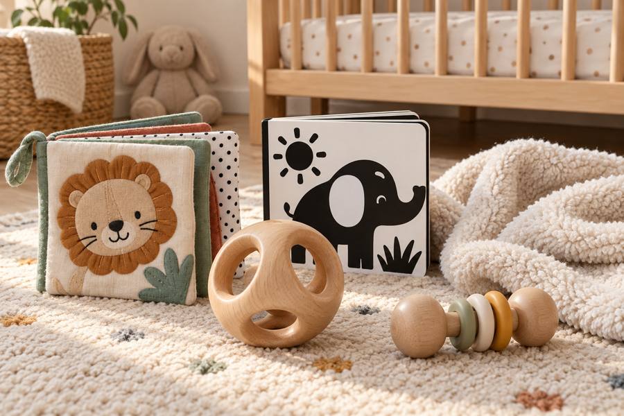 Libros sensoriales, un libro de alto contraste y juguetes sencillos de madera sobre una alfombra en una habitación infantil