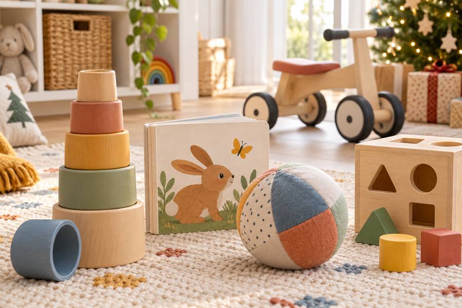 Juguetes de encajar con piezas grandes, torre apilable, libro de cartón y pelota blanda en una zona de juego infantil
