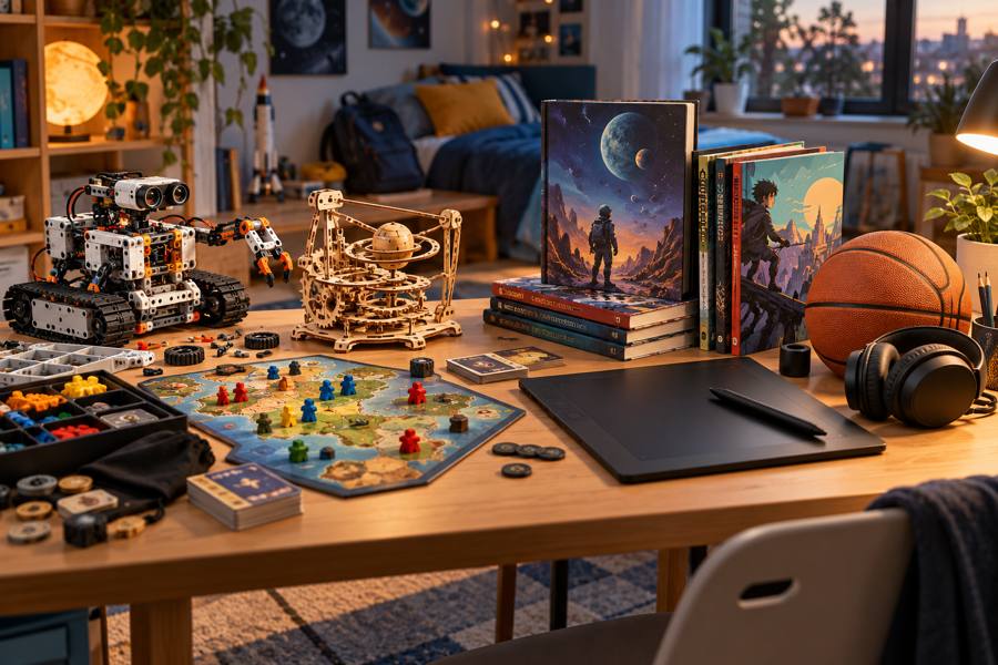 Kit de robótica, maqueta mecánica, libros y cómics, juego de estrategia, tableta gráfica y balón
