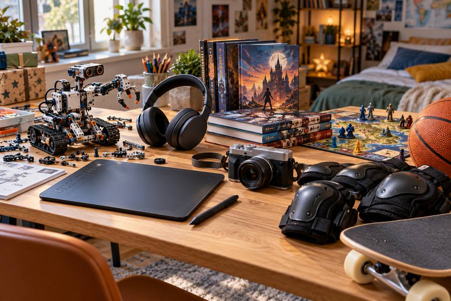 Kit de robótica, auriculares, libros y cómics, juego de mesa, tableta de dibujo, cámara y protecciones deportivas
