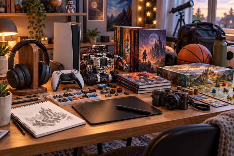Auriculares, mando de videojuegos, robot programable, novelas gráficas, juego de mesa, tableta de dibujo y cámara