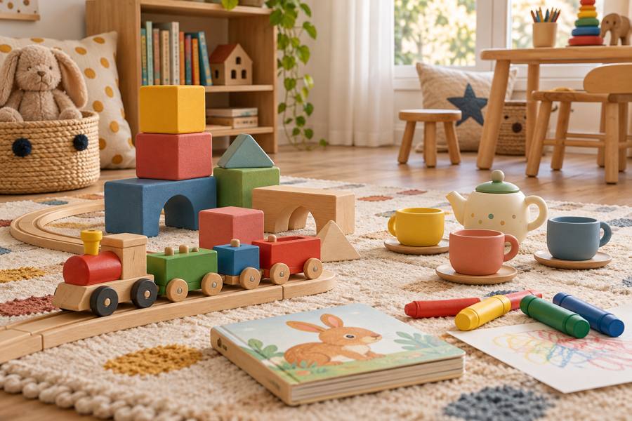 Tren de madera, bloques grandes, juego de té, ceras gruesas y libro infantil en una zona de juego