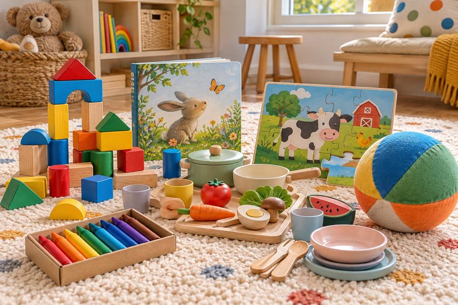 Bloques de construcción, libro ilustrado, puzzle de piezas grandes, ceras y comida de juguete en un espacio infantil