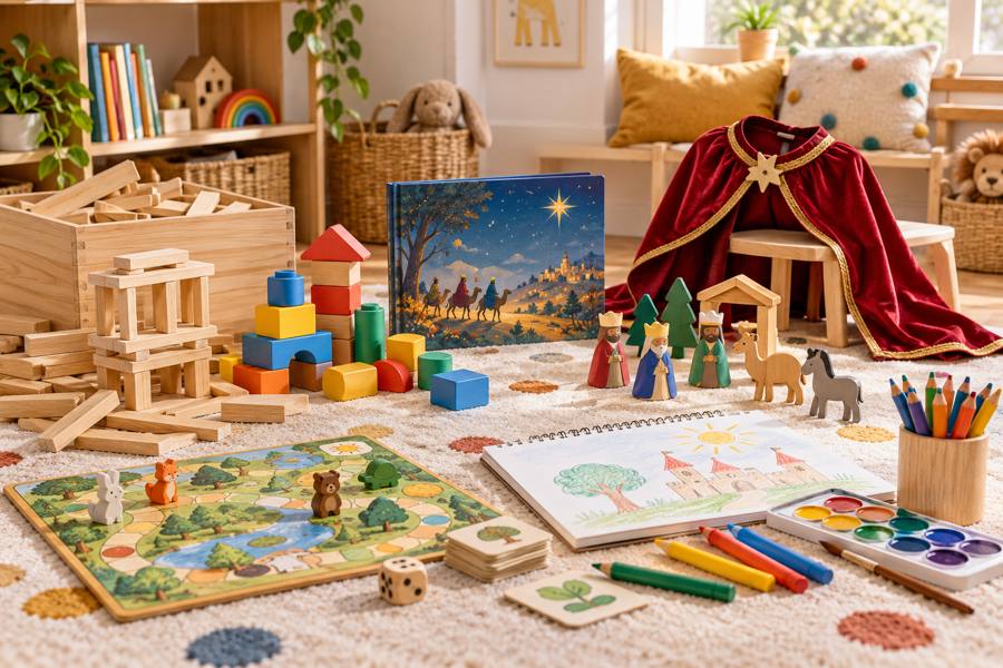 Bloques de construcción, libro ilustrado, juego de mesa, figuras de juego y materiales de dibujo en una habitación infantil