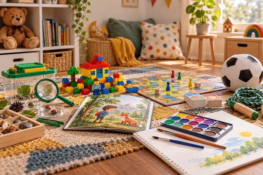 Juego de construcción, lupa infantil, libro ilustrado, acuarelas, juego de mesa y pelota en una sala de juegos