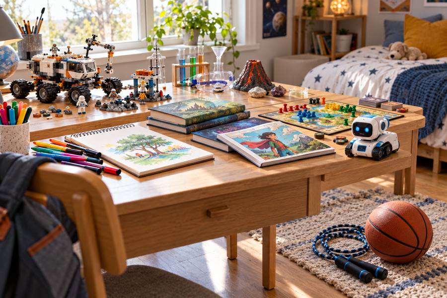 Kit de construcción, robot educativo, libros infantiles, juego de estrategia, materiales de dibujo y balón en una habitación