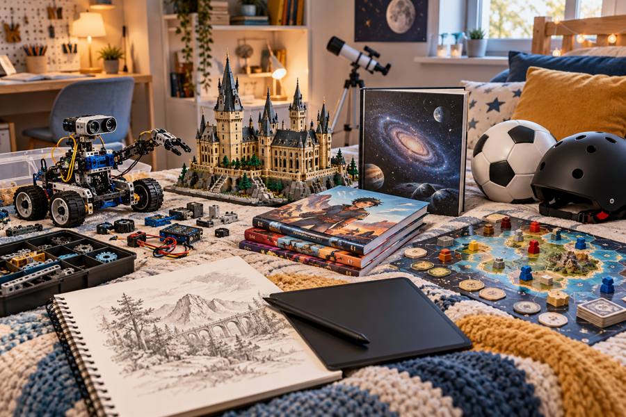 Kit de robótica, modelo de construcción, libros de ciencia y cómics, juego de estrategia, cuaderno de dibujo y equipo deportivo